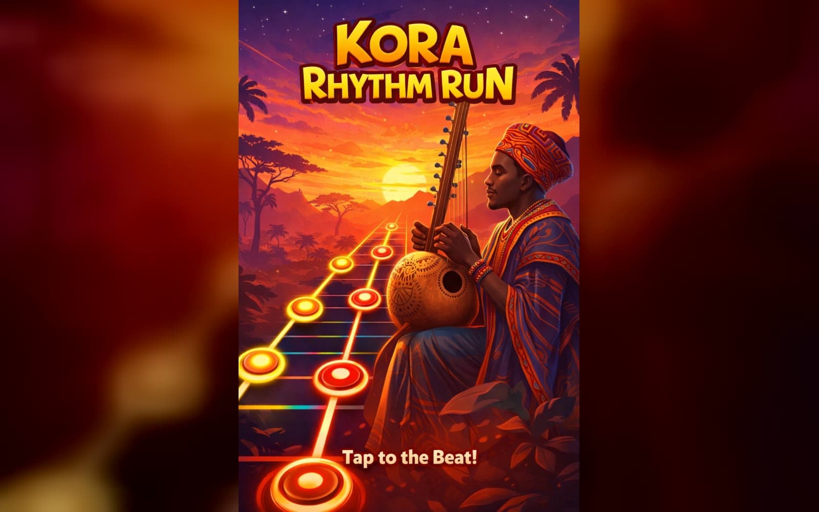 Kora Rhythm Run cover: a kora player against a warm evening sky