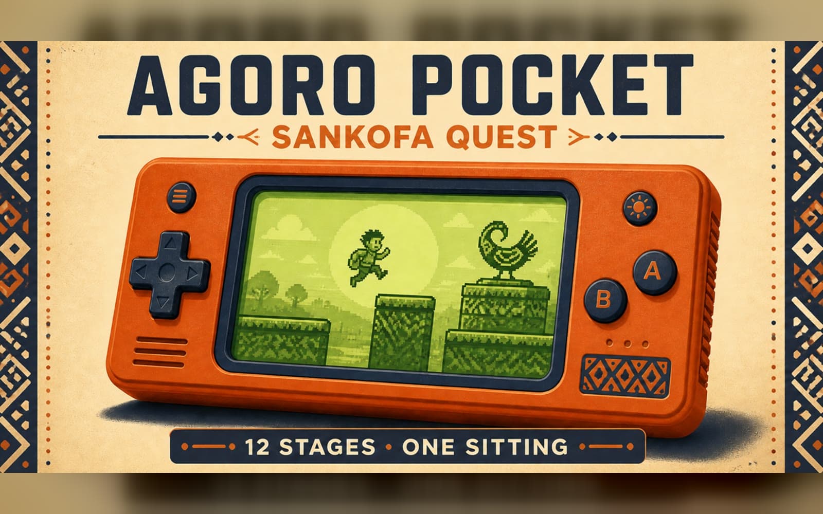 Agoro Pocket: the handheld console with its cartridge on a warm field