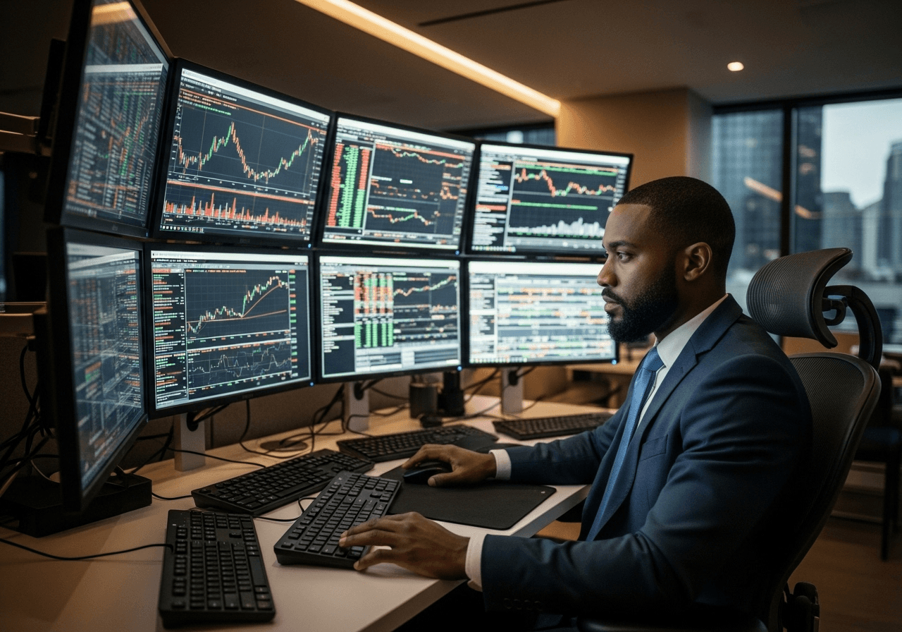 African professional analyzing financial data for trading psychology