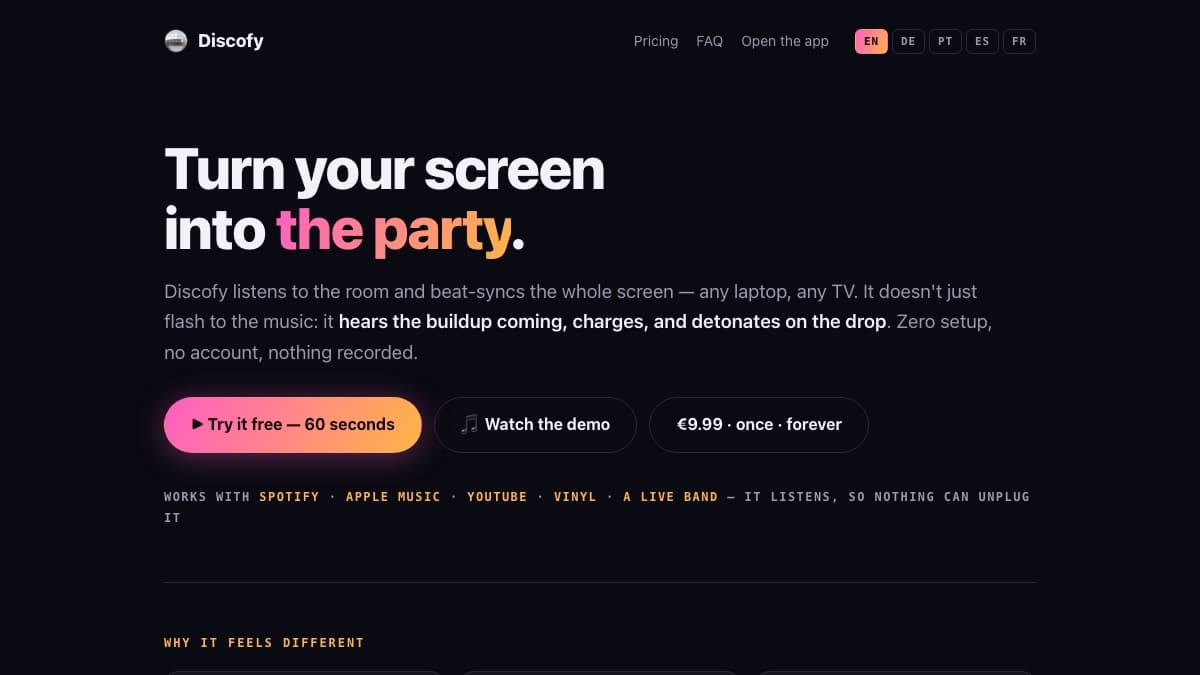Discofy, screenshot of the live app